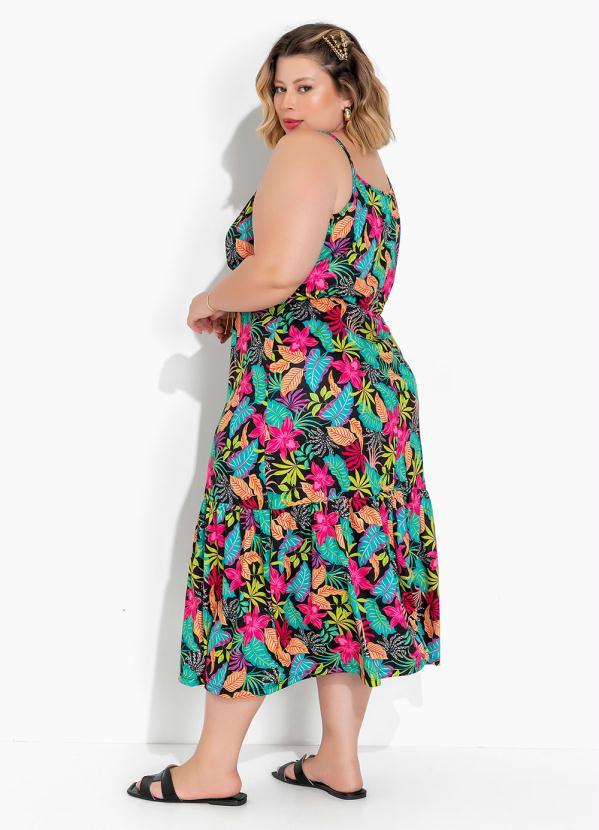 Marguerite - Vestido Tropical Preto com Babado Plus Size 2