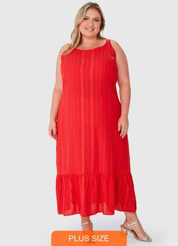 Malwee Plus - Vestido Vermelho Evasê Listrado Mídi