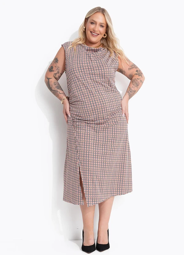 Marguerite - Vestido Xadrez Marrom em Malha Fria 6