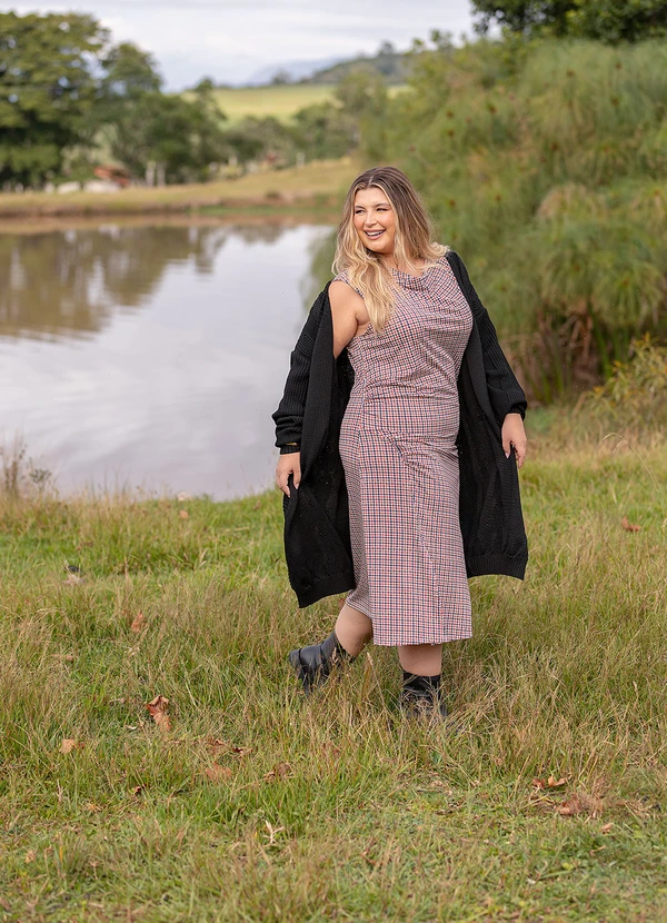 Marguerite - Vestido Xadrez Marrom em Malha Fria 7