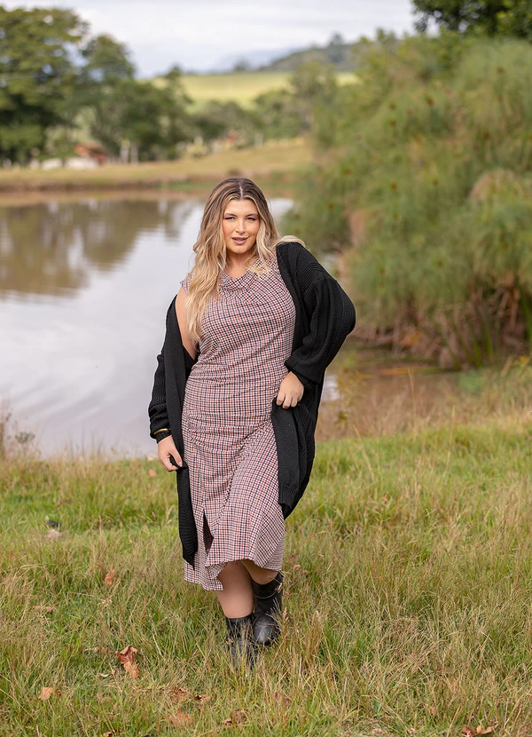 Marguerite - Vestido Xadrez Marrom em Malha Fria 8