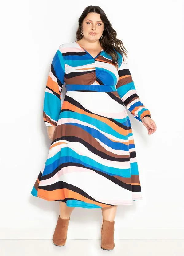 Marguerite - Vestido Zebra Azul com Franzido Plus Size