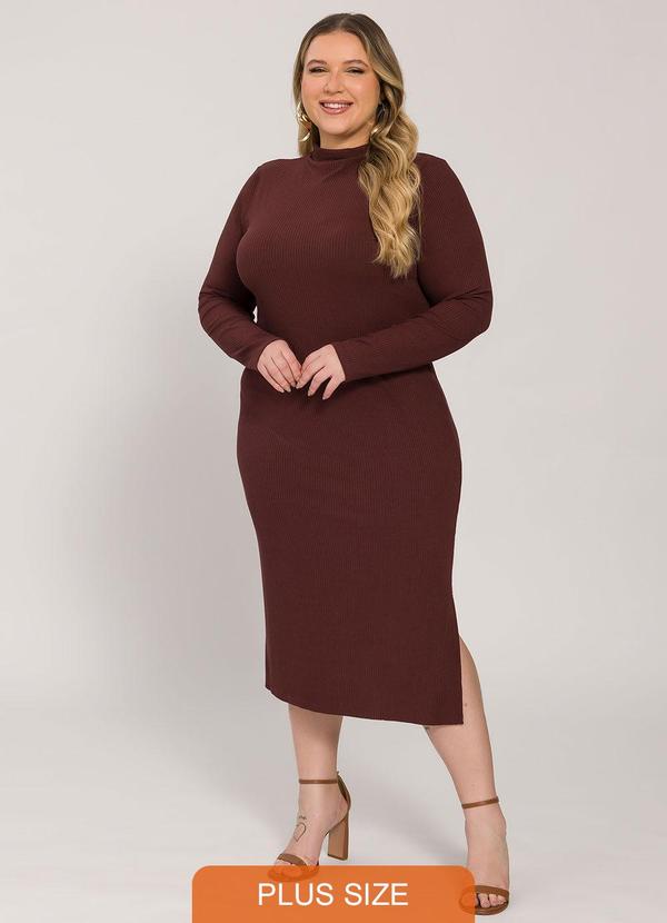 Lisamour - Vestido Midi Canelado de Manga Longa Marrom