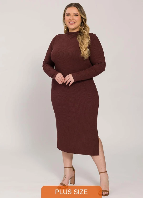 Lisamour - Vestido Midi Canelado de Manga Longa Marrom