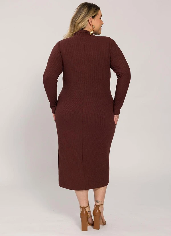 Lisamour - Vestido Midi Canelado de Manga Longa Marrom 2