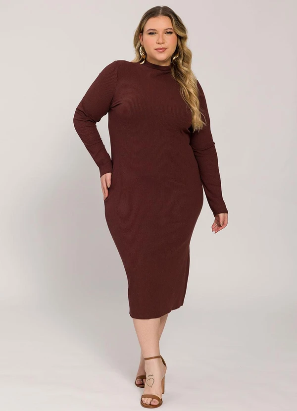 Lisamour - Vestido Midi Canelado de Manga Longa Marrom 3