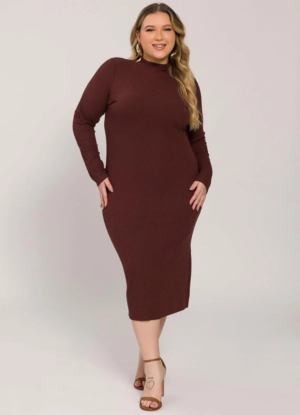 Lisamour - Vestido Midi Canelado de Manga Longa Marrom 4