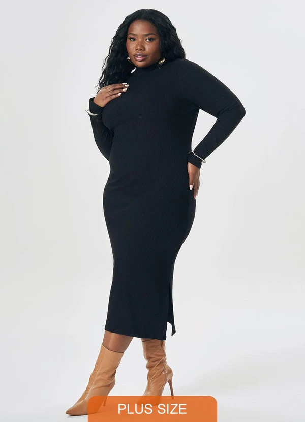 Vestido Midi Canelado de Manga Longa Preto Lisamour