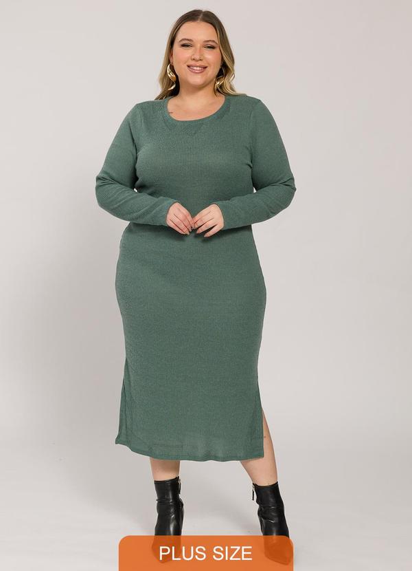 Lisamour - Vestido Midi Canelado de Manga Longa Verde