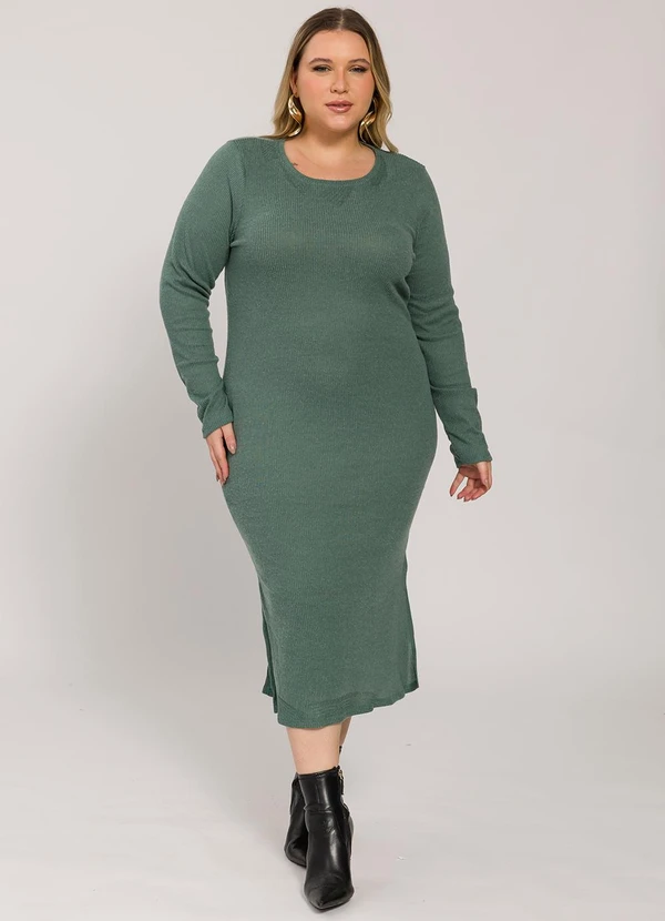 Lisamour - Vestido Midi Canelado de Manga Longa Verde 2