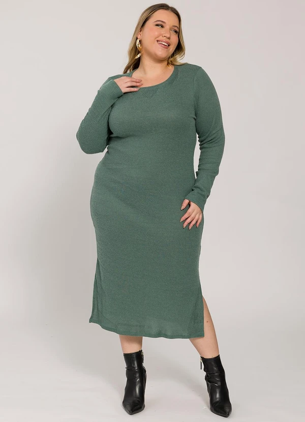 Lisamour - Vestido Midi Canelado de Manga Longa Verde 3
