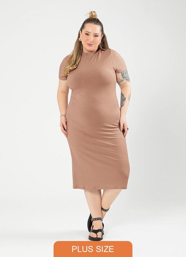 Cativa - Vestido Plus Size Tubinho Canelado Marrom Claro