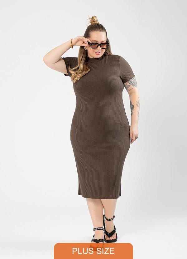 Cativa - Vestido Plus Size Tubinho Canelado Marrom Escuro