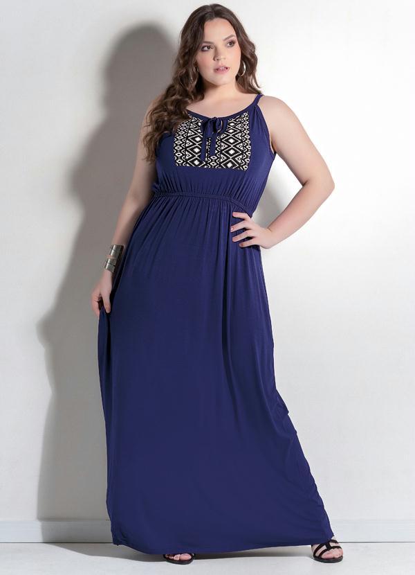 Quintess - Vestido Longo Marinho Detalhe Étnico Plus Size 1