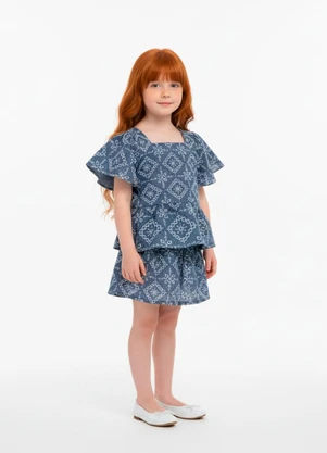 Amada - Bata com Babados em Bordado Denin Azul - AMADA