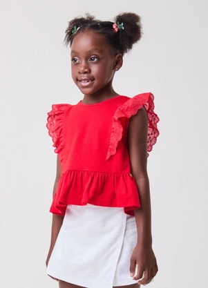 Bimbi - Bata Vermelha Bordado Inglês nas Mangas Vermelho - BIMBI