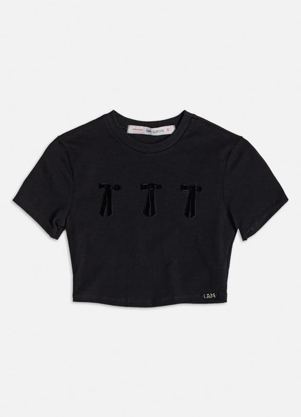 Authoria - Baby Tee Preta com Laços de Veludo Preto