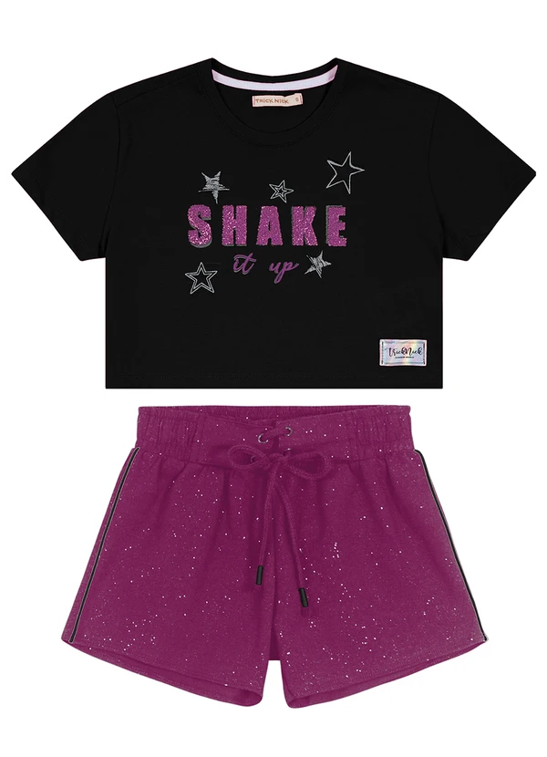 Trick Nick - Blusa Cropped com Shorts com Glitter Preto