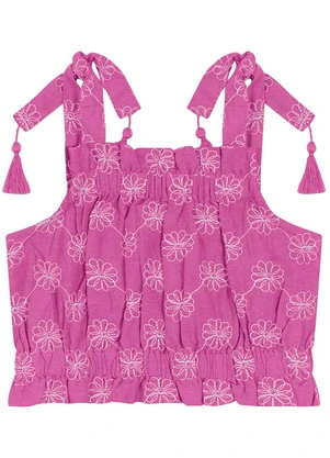 Carinhoso - Blusa Cropped em Linho Bordado Menina Roxo - CARINHOSO