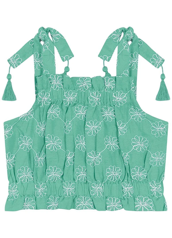 Carinhoso - Blusa Cropped em Linho Bordado Menina Verde