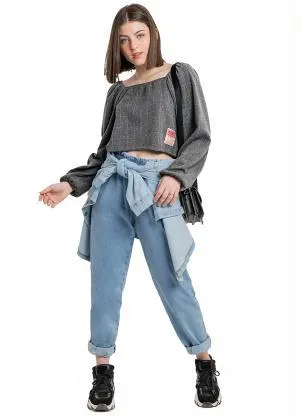 Gloss - Blusa Cropped Infantil em Jacquard Cinza - GLOSS