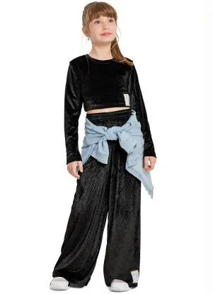 Gloss - Blusa Cropped Infantil em Malha Veludo Preto - GLOSS