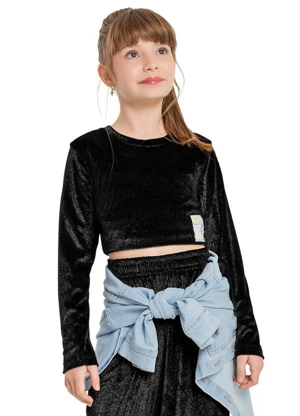 Gloss - Blusa Cropped Infantil em Malha Veludo Preto