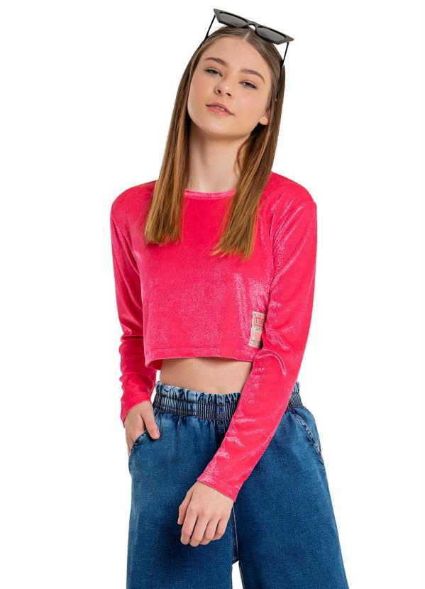 Gloss - Blusa Cropped Infantil em Malha Veludo Rosa
