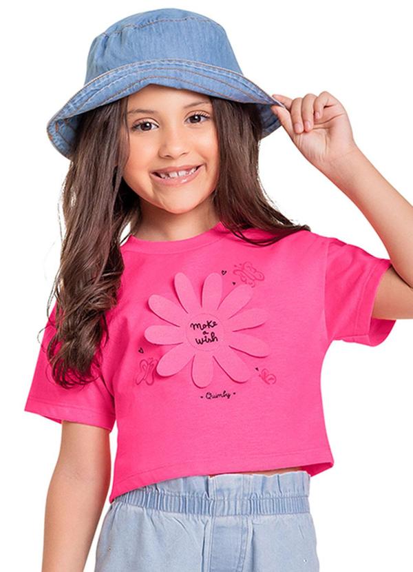 Quimby - Blusa Cropped Infantil em Meia Malha Rosa