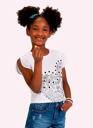 Kyly - Blusa Cropped Infantil Menina com Strass Branco - KYLY