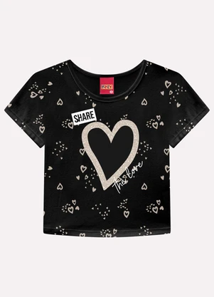 Kyly - Blusa Cropped Infantil Menina Corações Preto - KYLY