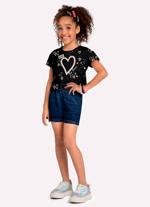 Kyly - Blusa Cropped Infantil Menina Corações Preto