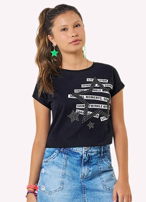 Kyly - Blusa Cropped Infantil Menina Estrela Preto - KYLY