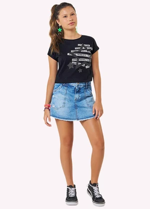 Kyly - Blusa Cropped Infantil Menina Estrela Preto - KYLY