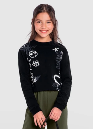 Brandili - Blusa Cropped Infantil Menina Preto - BRANDILI