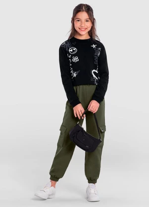 Brandili - Blusa Cropped Infantil Menina Preto - BRANDILI