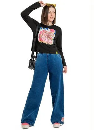 Gloss - Blusa Cropped Juvenil em Meia Malha Preto - GLOSS