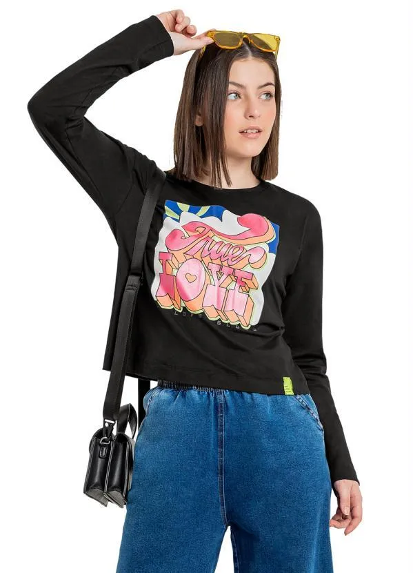 Gloss - Blusa Cropped Juvenil em Meia Malha Preto