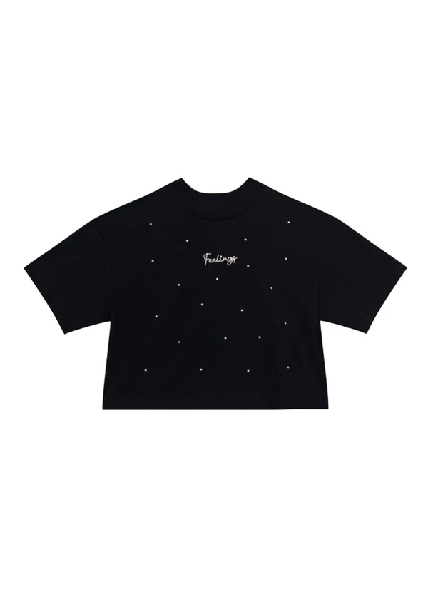 Brandili - Blusa Cropped Teen Menina de Strass Preto