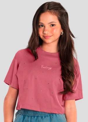 Brandili - Blusa Cropped Teen Menina de Strass Rosa - BRANDILI