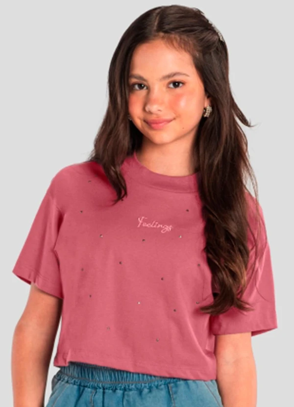 Brandili - Blusa Cropped Teen Menina de Strass Rosa