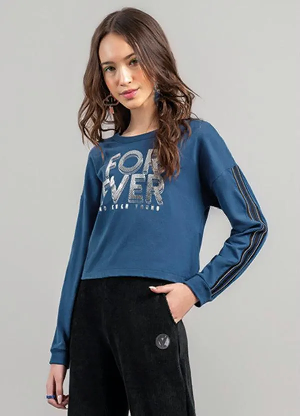 Young Class - Blusa Cropped Teen Menina em Malha Azul