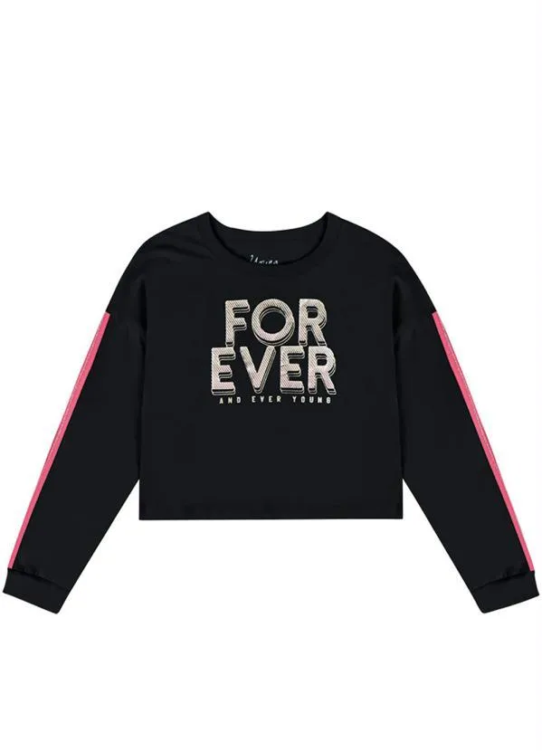 Young Class - Blusa Cropped Teen Menina em Malha Preto