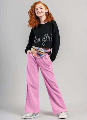 Brandili - Blusa Cropped Teen Menina em Moletinho Preto - BRANDILI