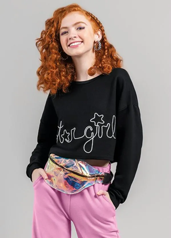 Young Class - Blusa Cropped Teen Menina em Moletinho Preto 1
