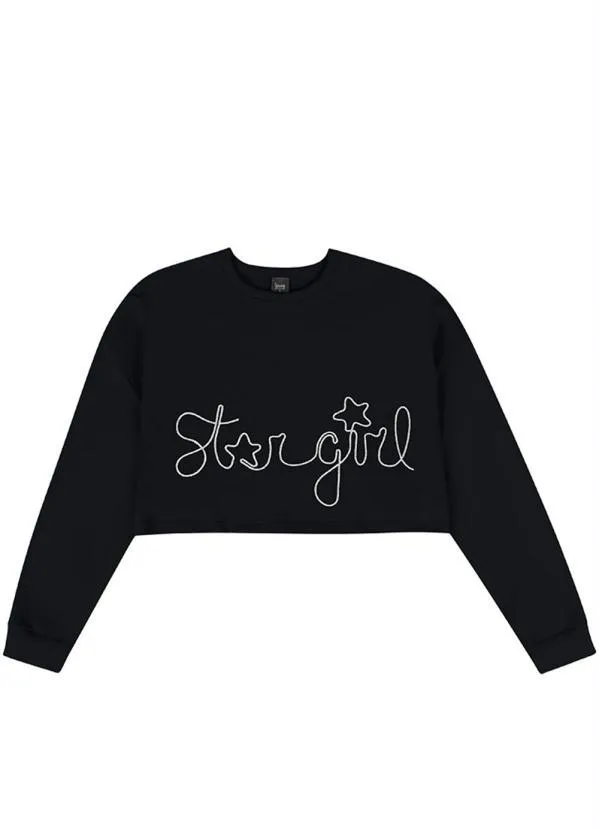 Young Class - Blusa Cropped Teen Menina em Moletinho Preto 3