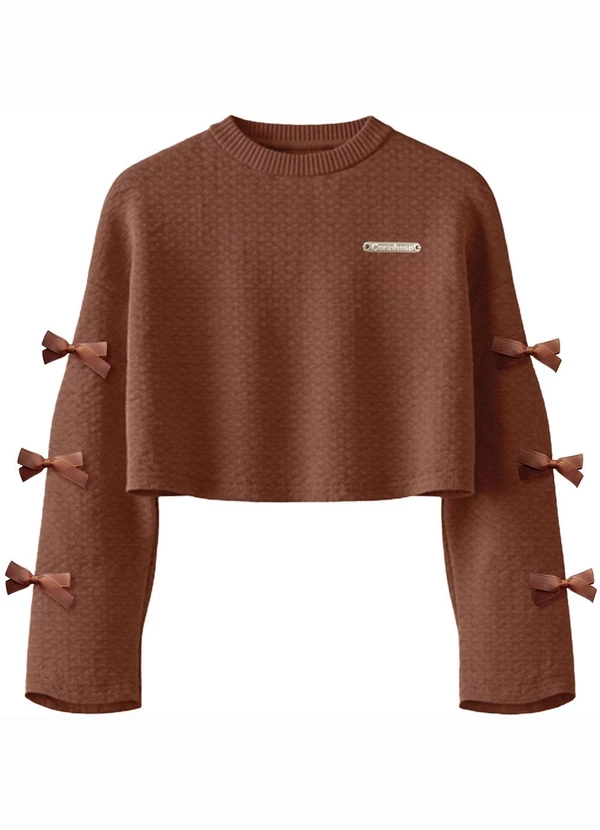 Carinhoso - Blusa Cropped Texturizada com Laços Marrom