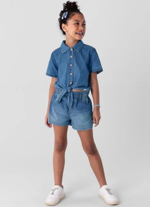 Brandili - Camisa Cropped em Jeans Leve Menina Azul - BRANDILI