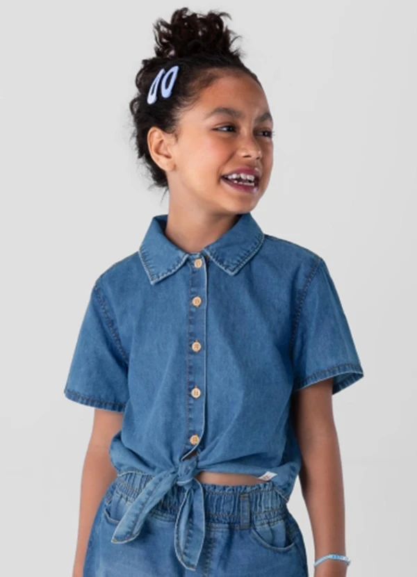 Brandili - Camisa Cropped em Jeans Leve Menina Azul 1