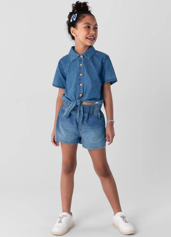 Brandili - Camisa Cropped em Jeans Leve Menina Azul 2